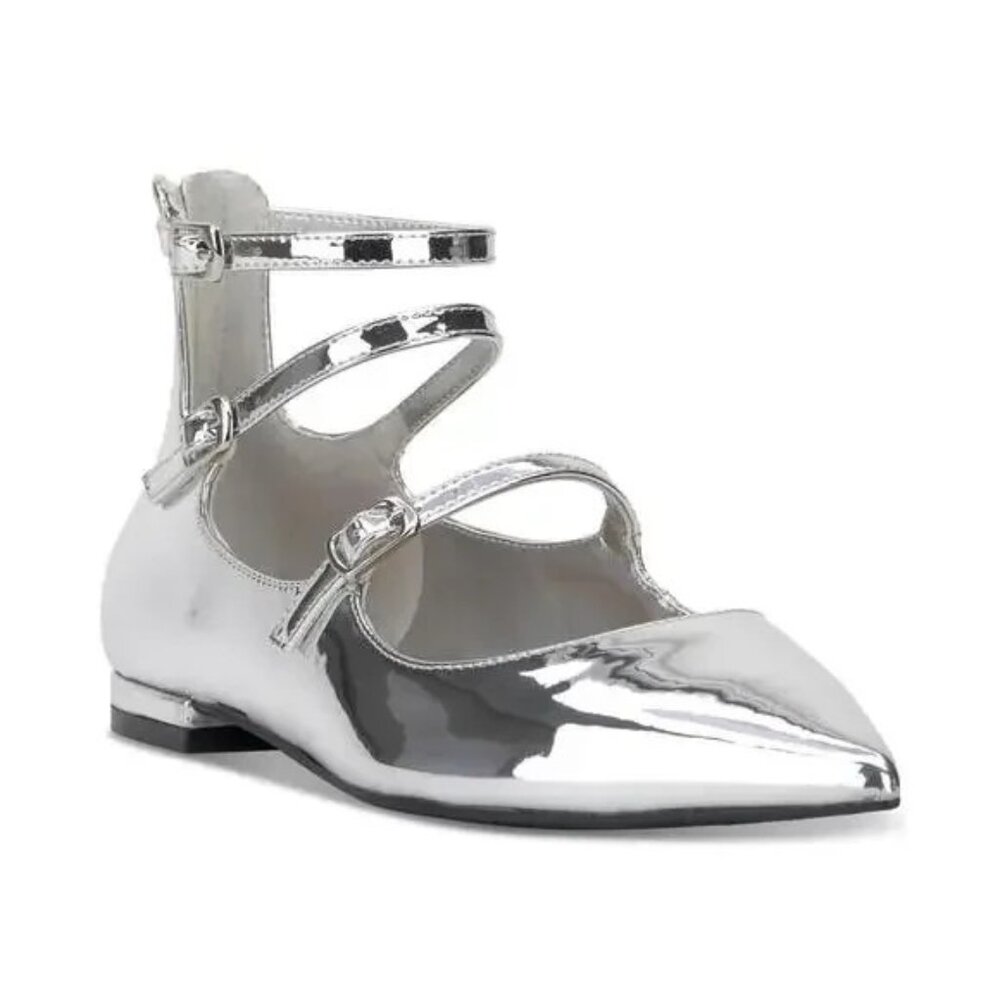I.N.C. Valan Triple Strap Silver Flats Women's Pointed Toe Zip Back $80